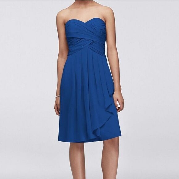David's Bridal Short Crinkle Chiffon Cascade Dress Blue Bridesmaid Prom Size 6 - Picture 1 of 10